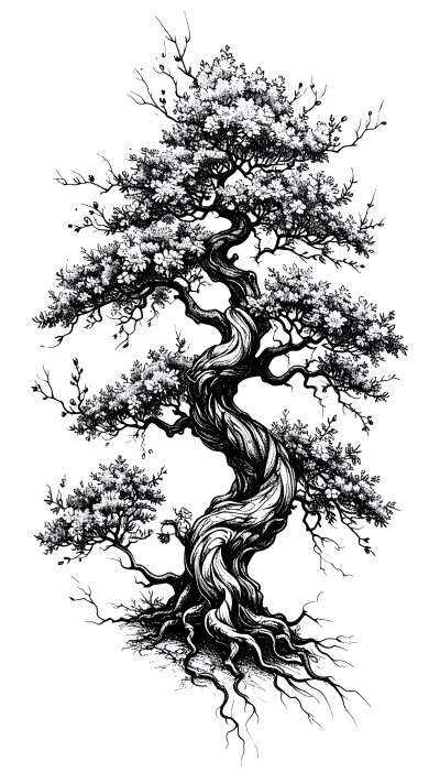 Detailed black and white illustration of a twisted bonsai tree