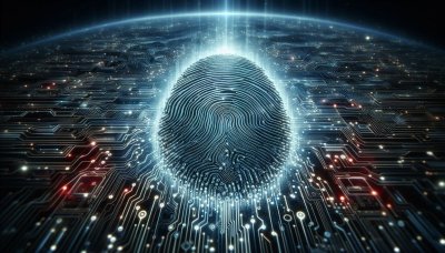 Glowing blue circuit board fingerprint: Data security and authenticati