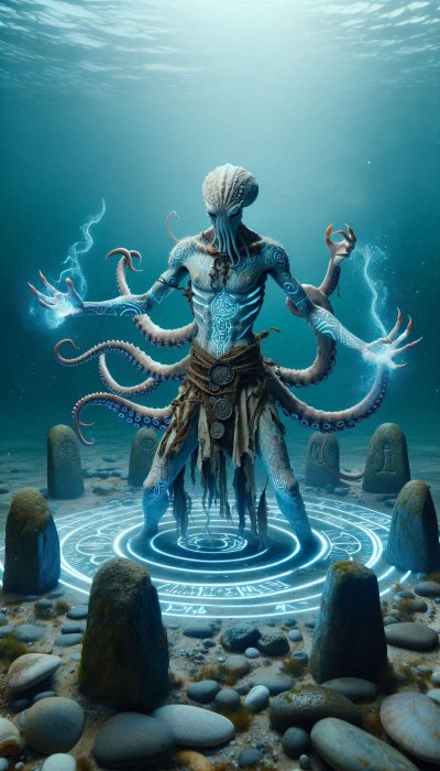 Mystical octopus creature in glowing underwater summoning circle