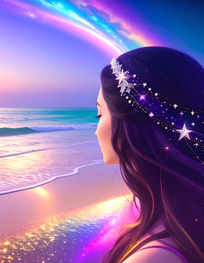 Dreamy beach with woman watching rainbow aurora, evoking wonder