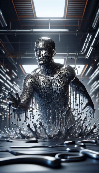 Text-covered figure rising from liquid metal in industry setting