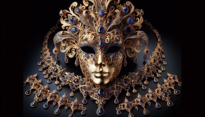 Gold Masquerade Mask and Necklace with Sapphire Jewels on Black