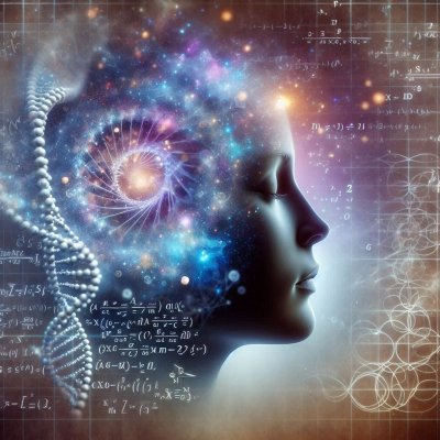 Woman's face merges with nebula, DNA, and equations: mind, science, un