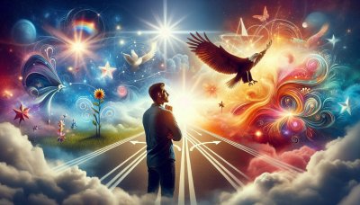 Figure on a road facing a celestial landscape with symbols of hope and