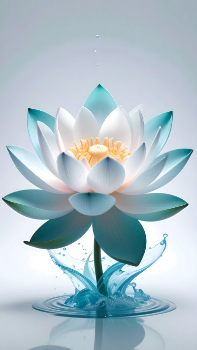 Serene white and teal lotus flower with water splash and droplets.