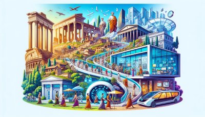 Ancient Rome meets futuristic city with people in togas and tech