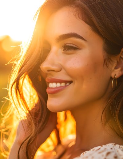 Joyful woman smiling in golden hour sunlight, radiating happiness