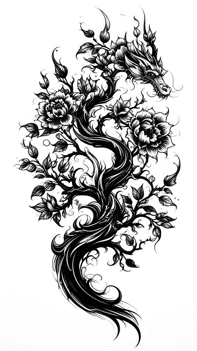 Illustration of a dragon intertwined with a thorny floral vine