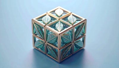 Golden cube: intricate leaf designs, nature & serenity