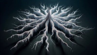 Data tree with branching streams on a dark background
