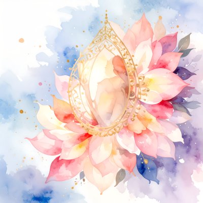 Ethereal watercolor lotus with golden frame and human silhouette