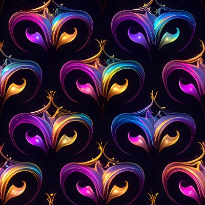 Seamless pattern of vibrant iridescent glowing hearts on dark backg...