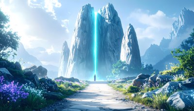 Majestic rock formations path, radiant blue energy beam