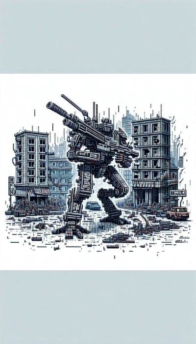 Giant mech in ruined city, pixel art style