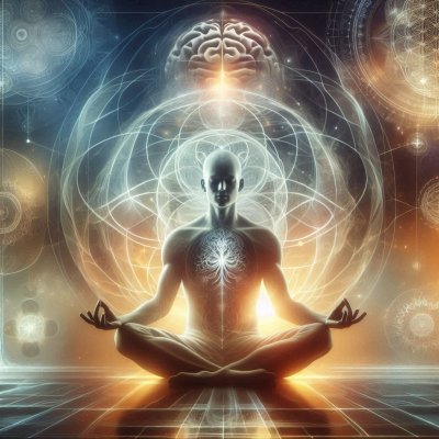 Meditating figure with glowing geometric patterns and brain visualizat
