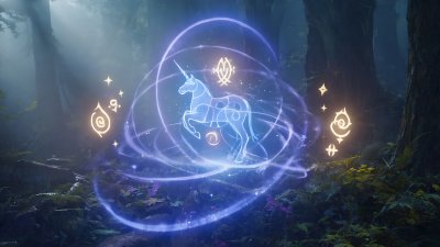 Mystical unicorn in magic forest, blue energy.