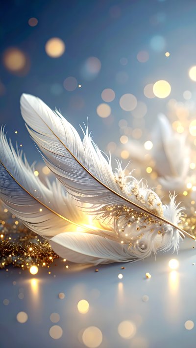 White feathers with gold glitter and bokeh lights