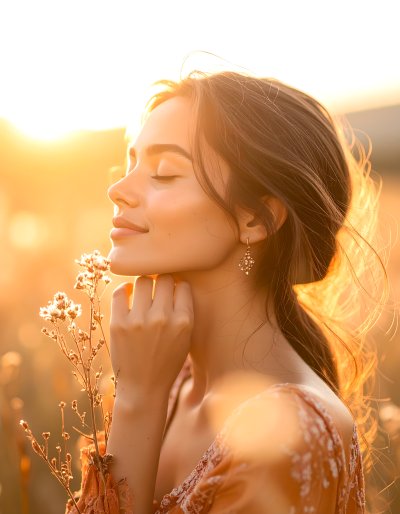 Woman smelling dried flower in golden sunset light