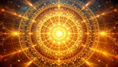 Magical golden astrological wheel radiating energy
