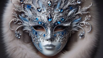 Silver and Blue Venetian Mask with Jewels and Feathers