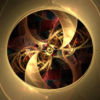 Intricate clockwork, glowing gears, abstract swirls.