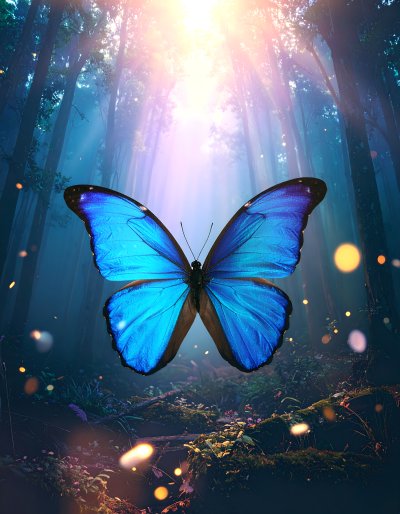 Magical Blue Butterfly in Sunlit Enchanted Forest