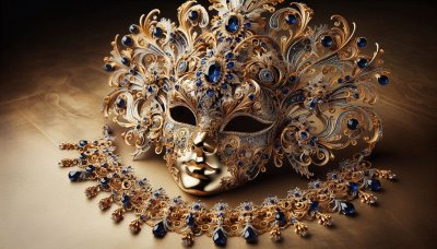 Ornate golden and silver Venetian masquerade mask with blue jewels