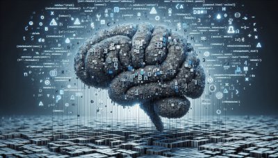 Digital brain made of code, AI and data processing visualized