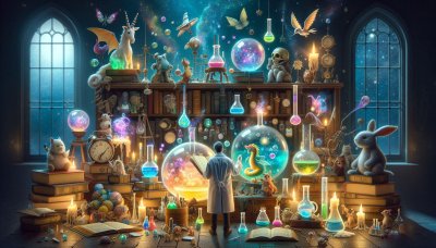 Magical laboratory with glowing potions, toys, and creatures, candleli