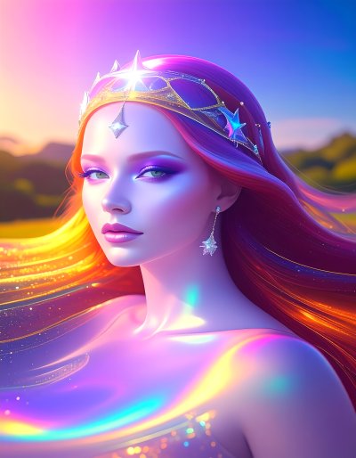 Goddess with celestial crown, iridescent light, vibrant hair.