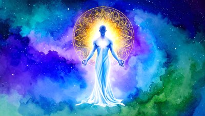 Luminous being in golden mandala light, cosmic nebula background