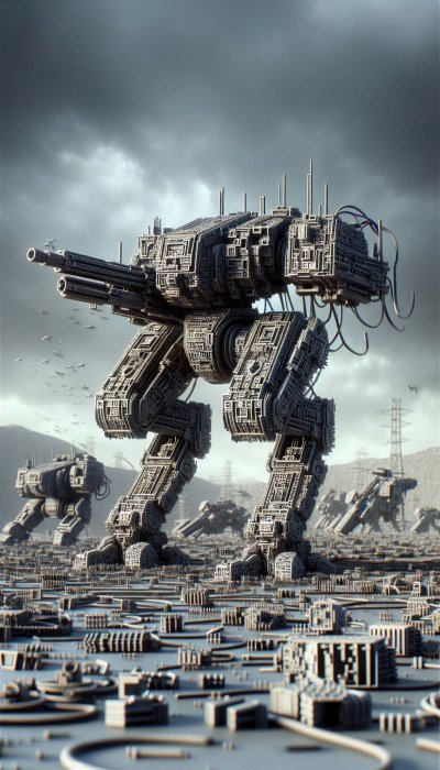 Futuristic war machines stride across a circuit-covered wasteland