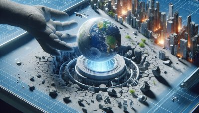 Miniature city and Earth hover over tech core on blueprint grid