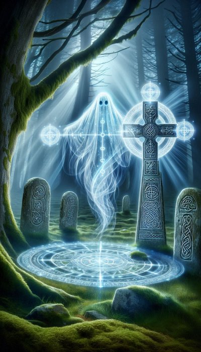 Spectral Entity in Forest with Celtic Cross and Ritual Circle