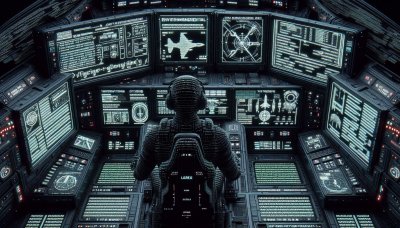 Futuristic Cockpit Illustration with Pilot and Data Screens