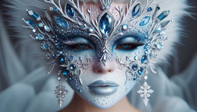 Winter fantasy mask with blue crystals and silver details portrait
