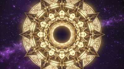 Golden Sun Mandala in Cosmic Nebula, Inspiring Wonder