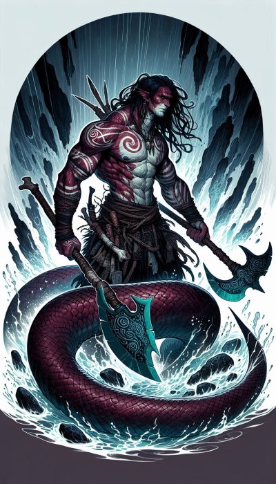 Naga warrior with axes in swirling water