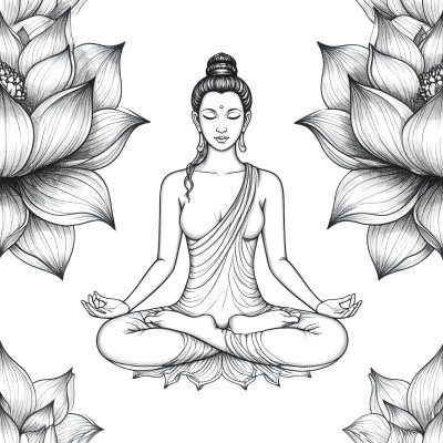 Black and white pencil drawing of meditating figure with lotus flowers