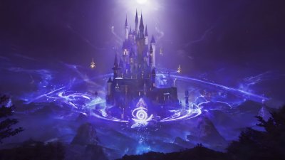 Enchanting ethereal castle bathed in mystical purple light