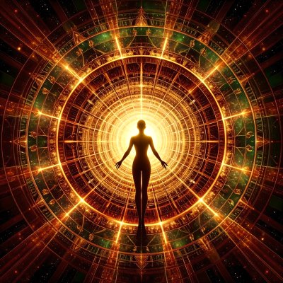 Spirit in golden portal, embracing cosmic energy