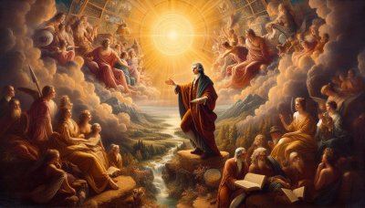 Enlightened Philosopher addresses figures with radiant light and lands