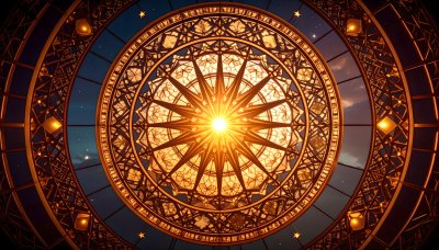 Radiant sunburst through celestial stained-glass dome and starry sky