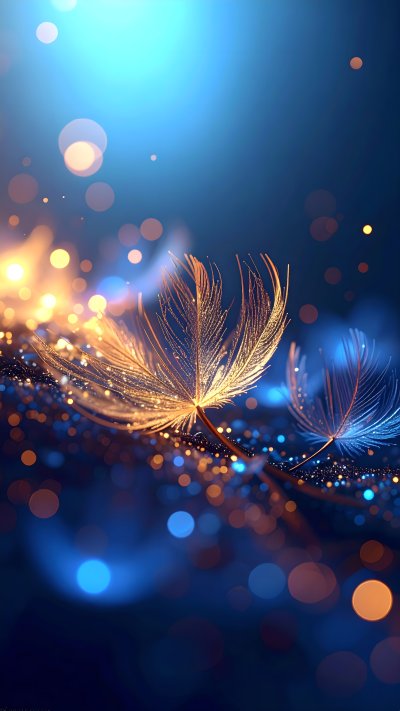 Glowing gold and blue feathers with bokeh and sparkling particles