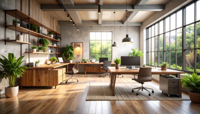Modern office with natural light, plants, and wooden furniture.