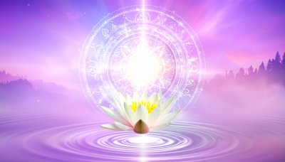 Water lily radiating spiritual light in tranquil water