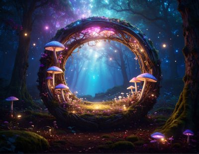 Magical forest portal with glowing mushrooms and fireflies