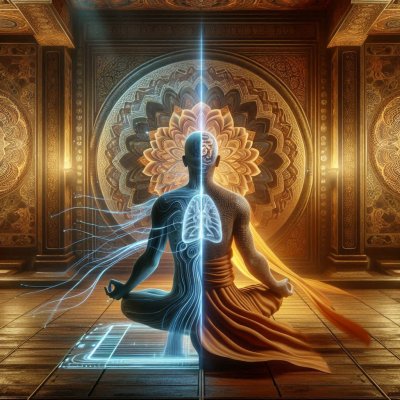 Meditation illustration: Split human form showing body, mind, and ener