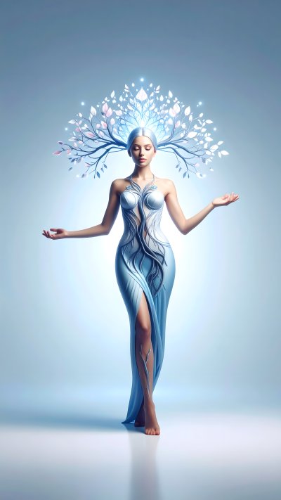 Ethereal woman with tree branches from head, meditating in blue dress