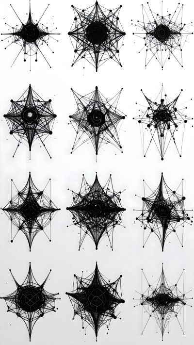 Abstract grid pattern of chaotic black network shapes on white
